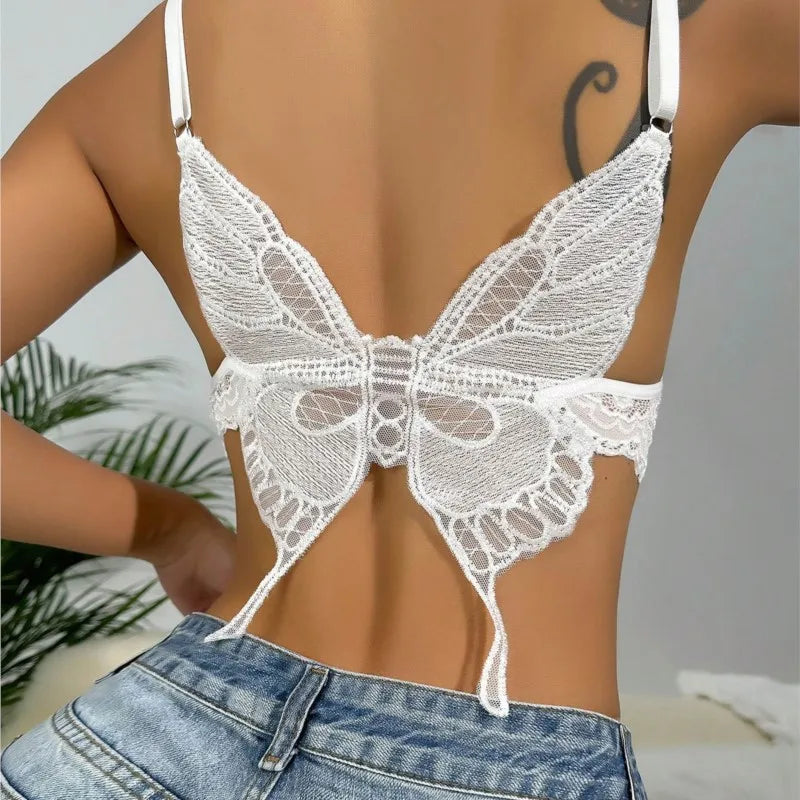 Conjunto de sujetador caliente con cuello en V, encaje, mariposa, chaleco con tirantes