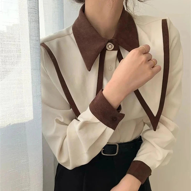 Elegant  Chiffon Patchwork Ruffle Turn Down Collar Shirt