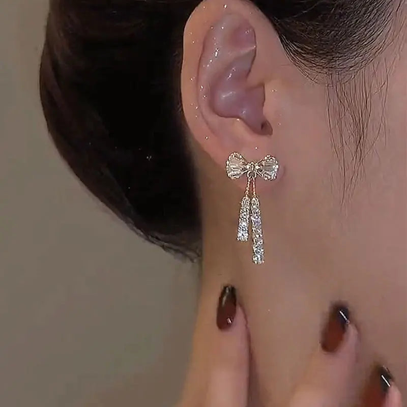 Korean Trendy Bow Crystal Drop Earrings