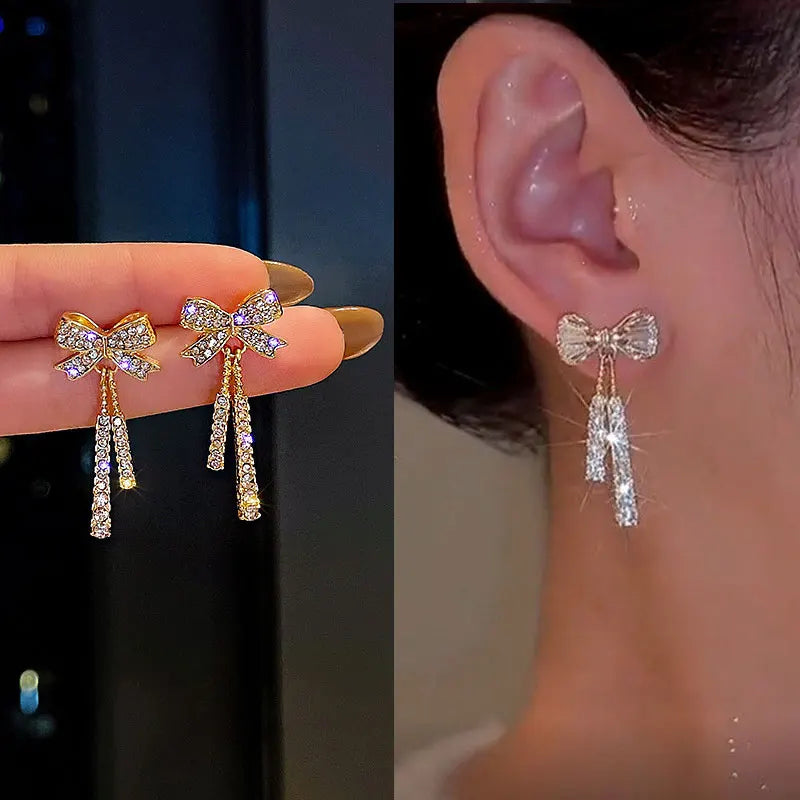 Korean Trendy Bow Crystal Drop Earrings