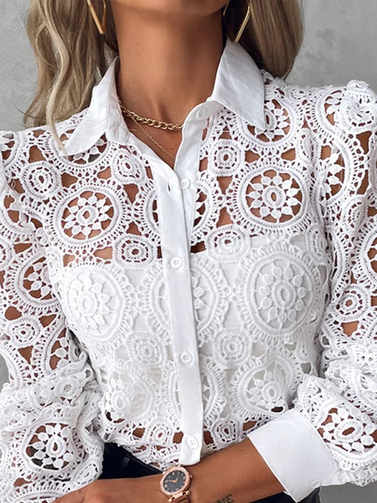 Lace Elegant Office White Long Sleeve Button Shirt