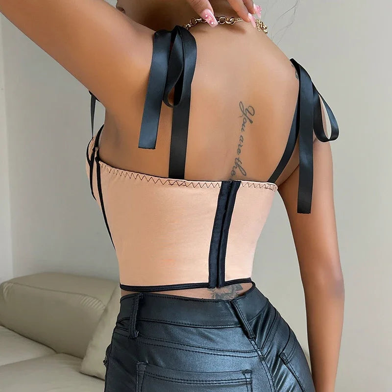 Women Lace Up Straps Crop Tops Patchwork Stripe