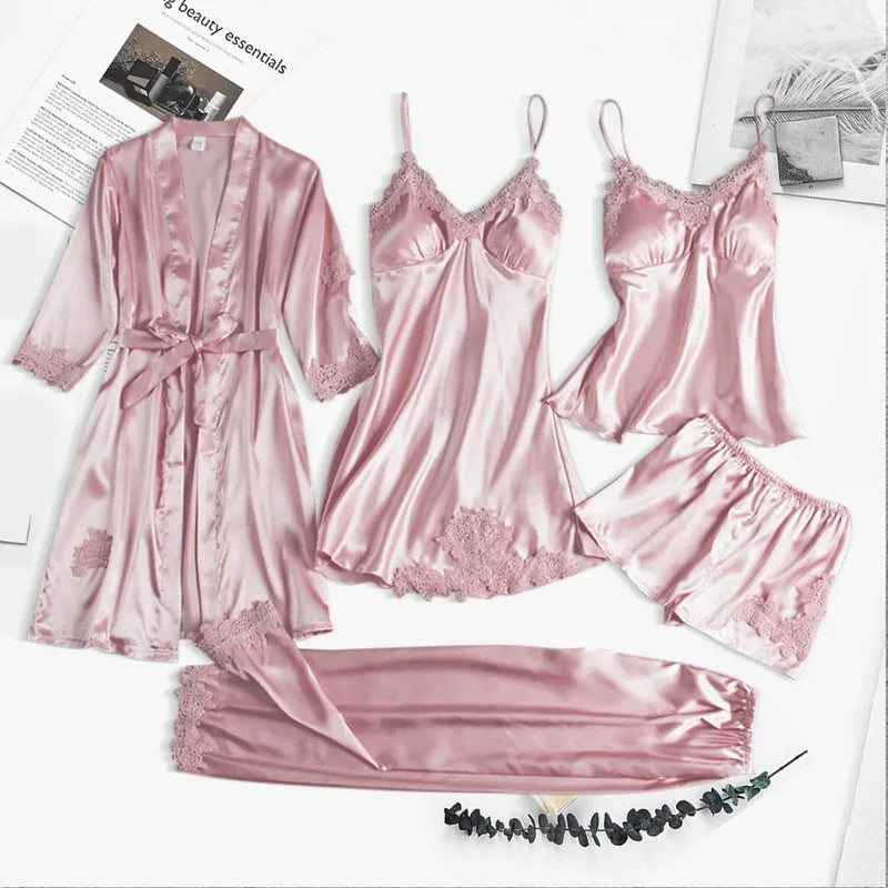 5pcs Silk Sleep Suit Pajama Set