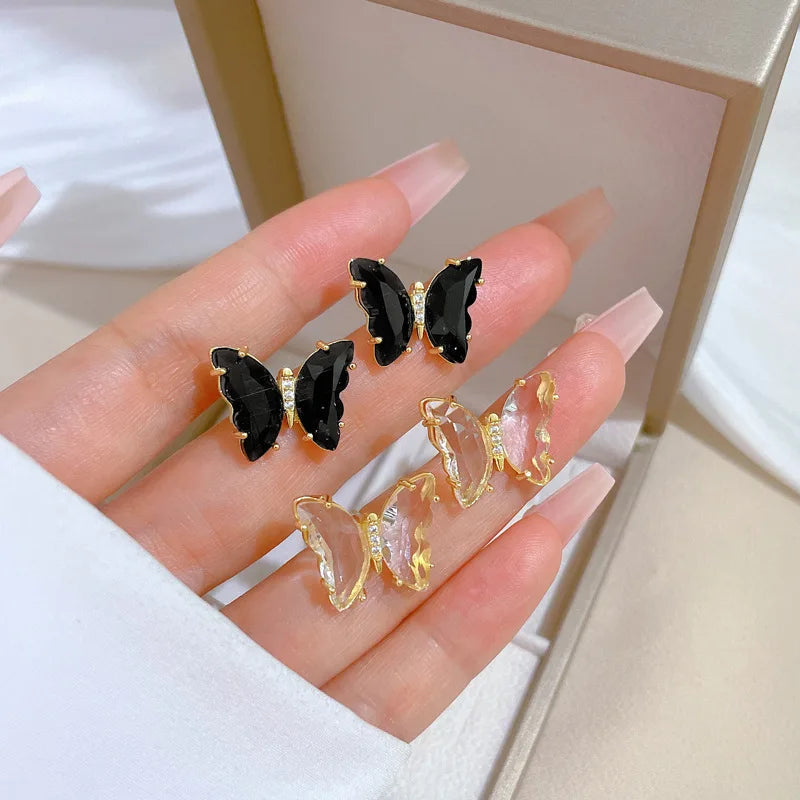 Classic Vintage Romantic Cute Transparent Butterfly Stainless Steel  2PC Jewelry Set