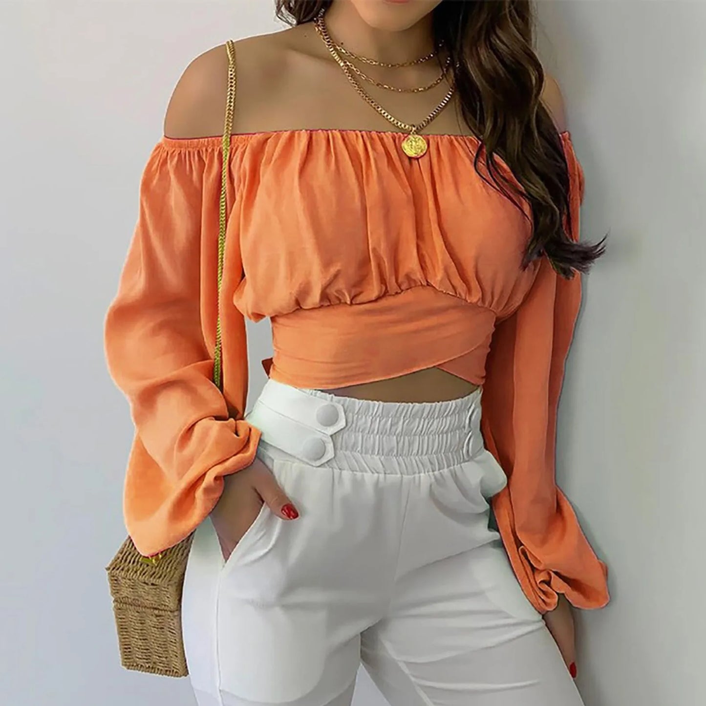 Off Shoulder Printing Blouses Chic and Elegant Lantern Long Sleeve Lace Up