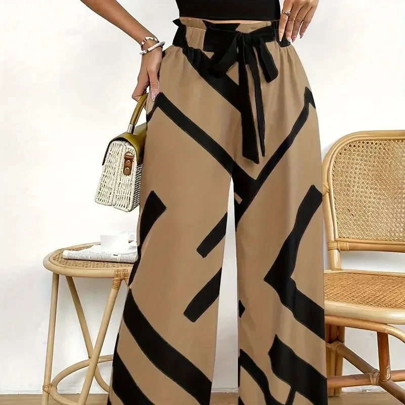 Women's Printed Pants with Waistband and Wide Leg