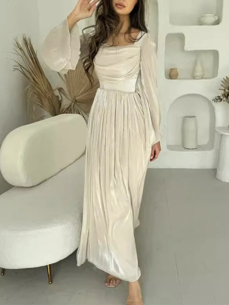 Tinsil Elegant Satin Pleated Long Dress