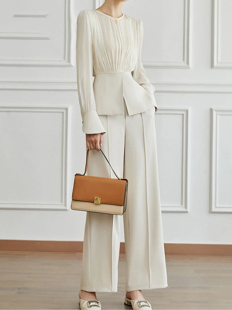 Manal 2-Piece Suit Elegant Long Sleeve Top & Simple Wide Leg Pants