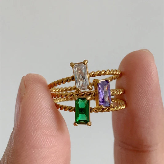 Anillos cuadrados de circonita cúbica amarillos, verdes, morados y coloridos delicados