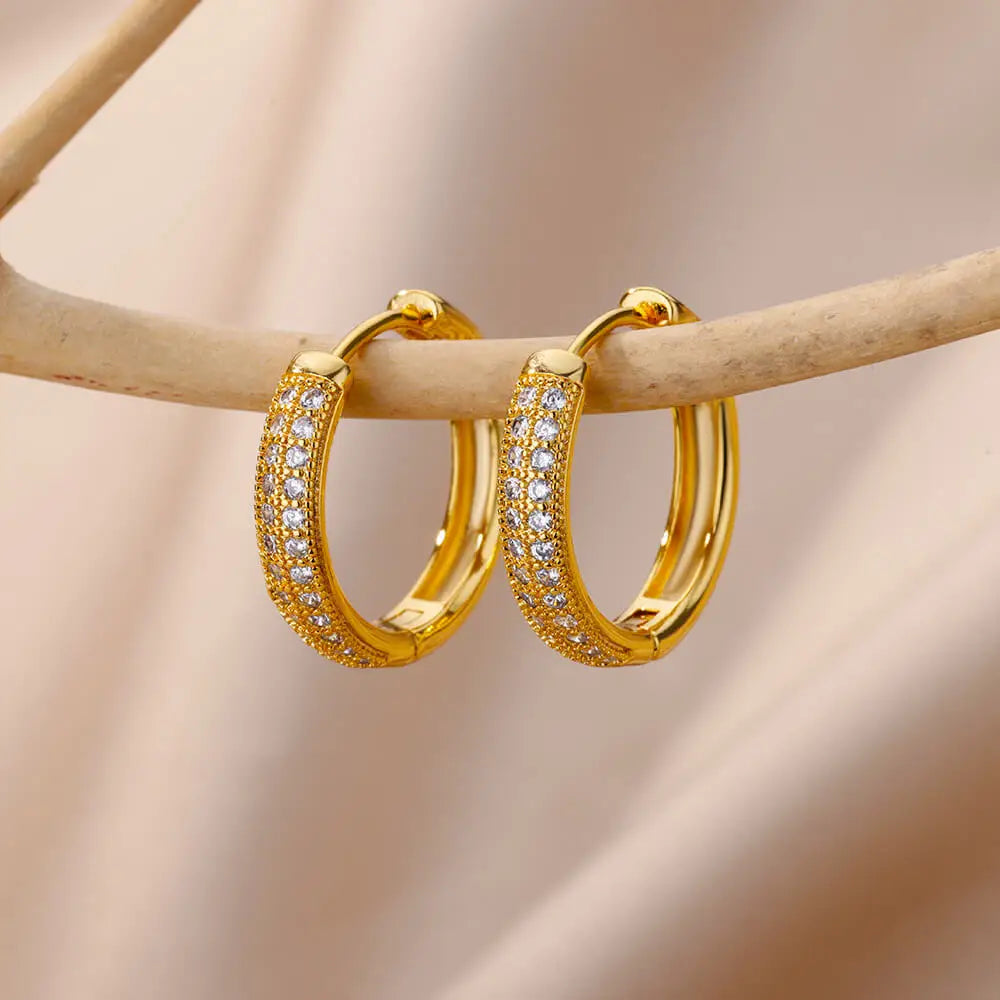 Zircon Round Hoop  Stainless Steel Earrings