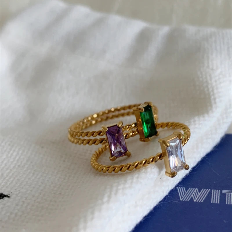 Delicate Colorful Purple Green Yellow Cubic Zirconia Square Rings