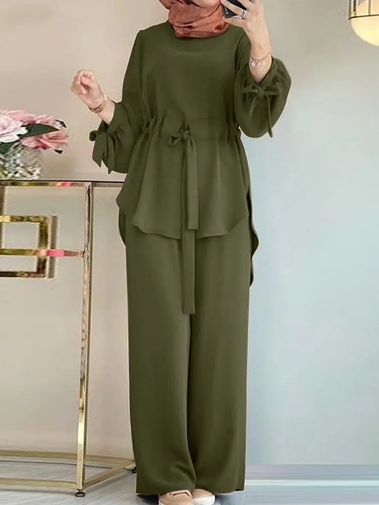 Zahra Matching Sets Long Sleeve Solid Color Tops And Loose Pant Suit