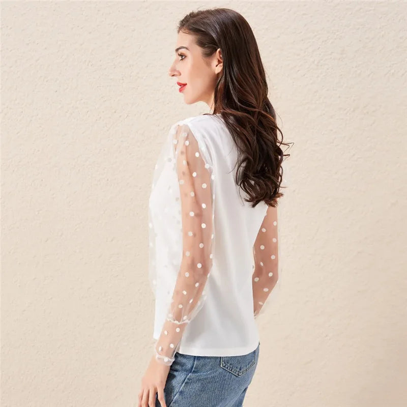 Women Fashion Long Sleeve Mesh Dot Printed Shirt