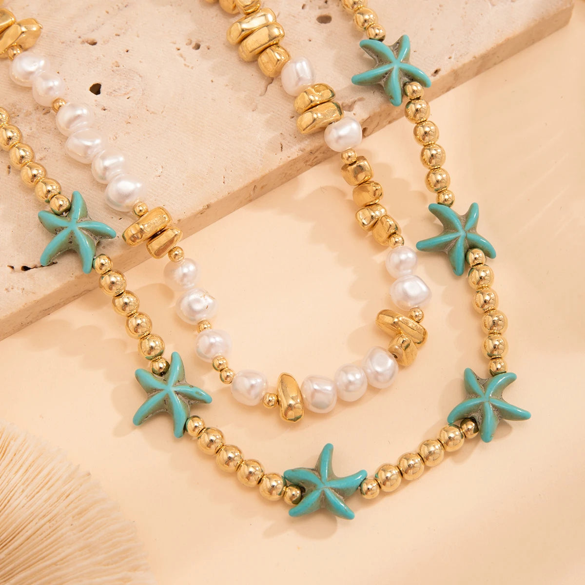 2Pcs/Set Boho Ocean Blue Starfish Star Beads Chain Necklace