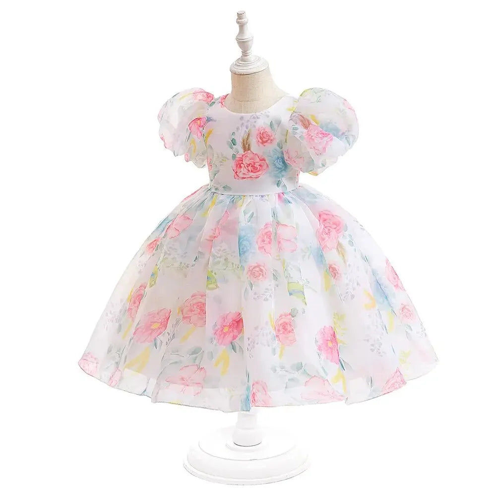 Floral Lace Princess Girls Puff Sleeve Gowns Dress