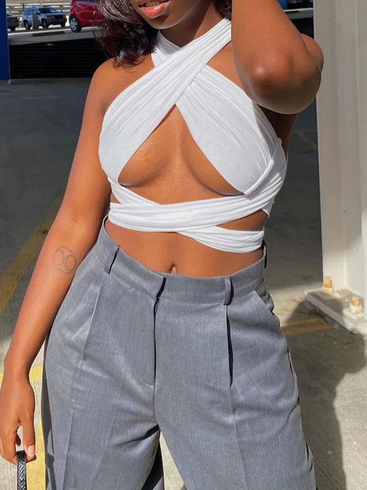 Women Strappy Cross Over Front Cut Out Halter Neck Sleeveless Backless Wrap Crop Top