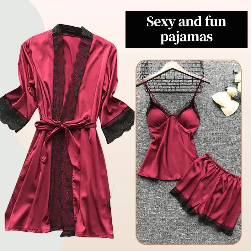 4PCS Sleepwear Silk Pajamas Set