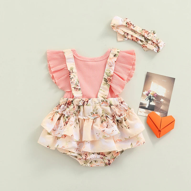 Baby Girls Floral Print Ribbed Romper Ruffle Fly Sleeve Jumpsuit