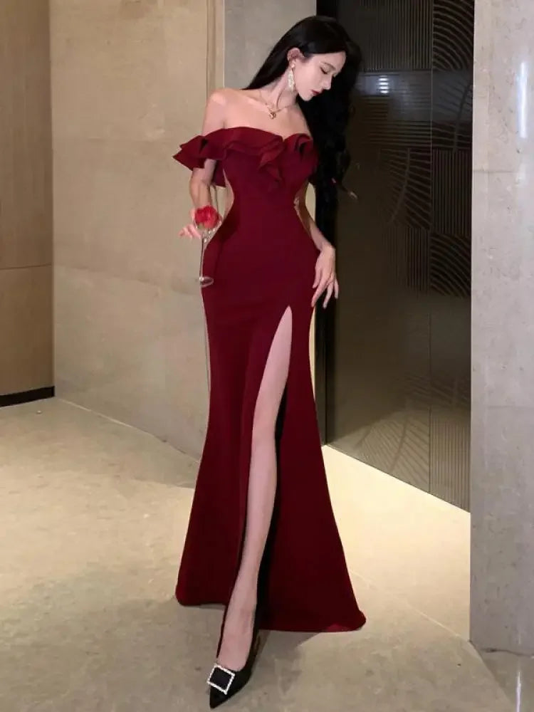 Sexy Backless High Split Ruffles Wrapped Hip Red 2024 Party Dress