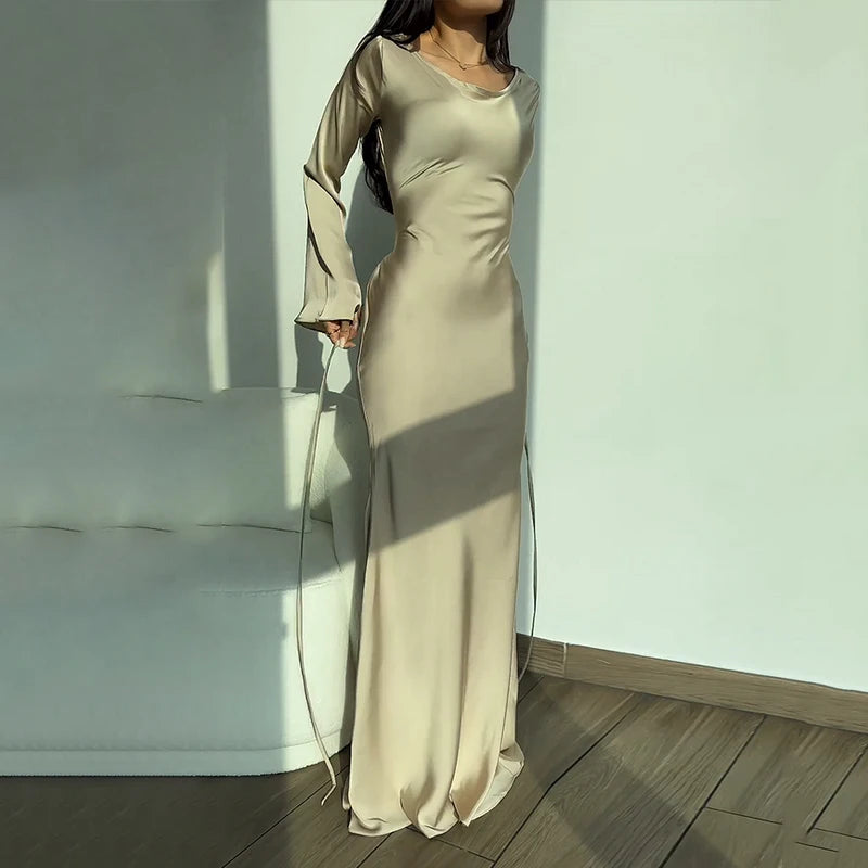 Roza Long Dress Fashion Simple Round Neck Satin Slim Party Dress