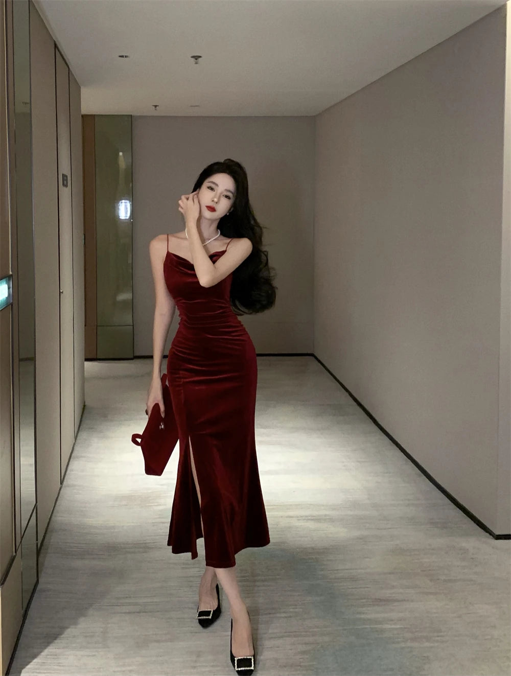 Vintage Red Dress Spaghetti Strap Slit Velvet Party Elegant Dress