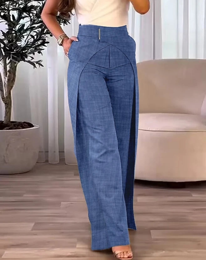 Pantalones Elegantes De Cintura Alta Superpuestos Pierna Ancha Asimétrica