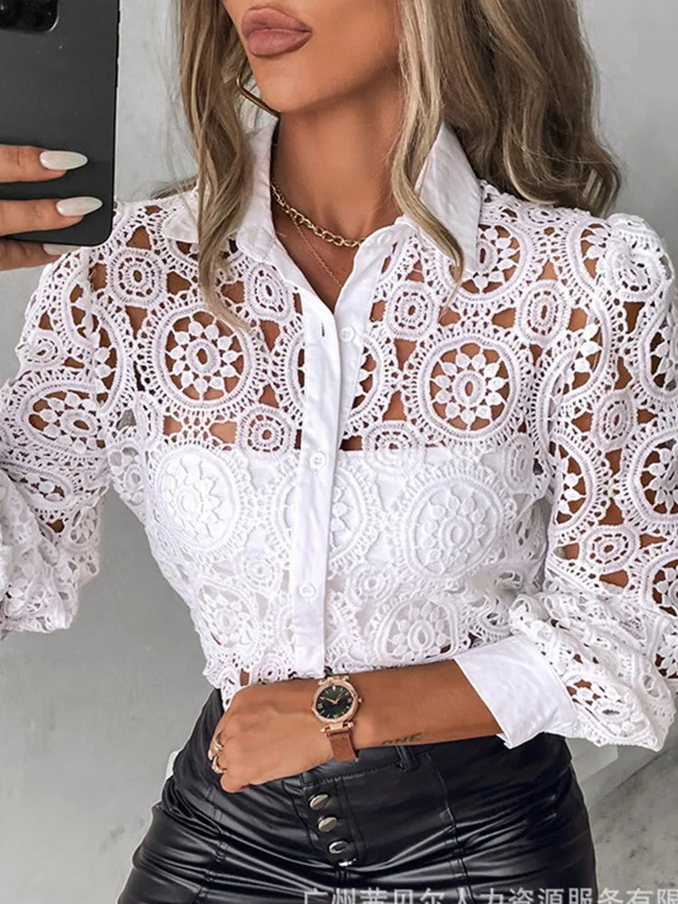 Lace Elegant Office White Long Sleeve Button Shirt