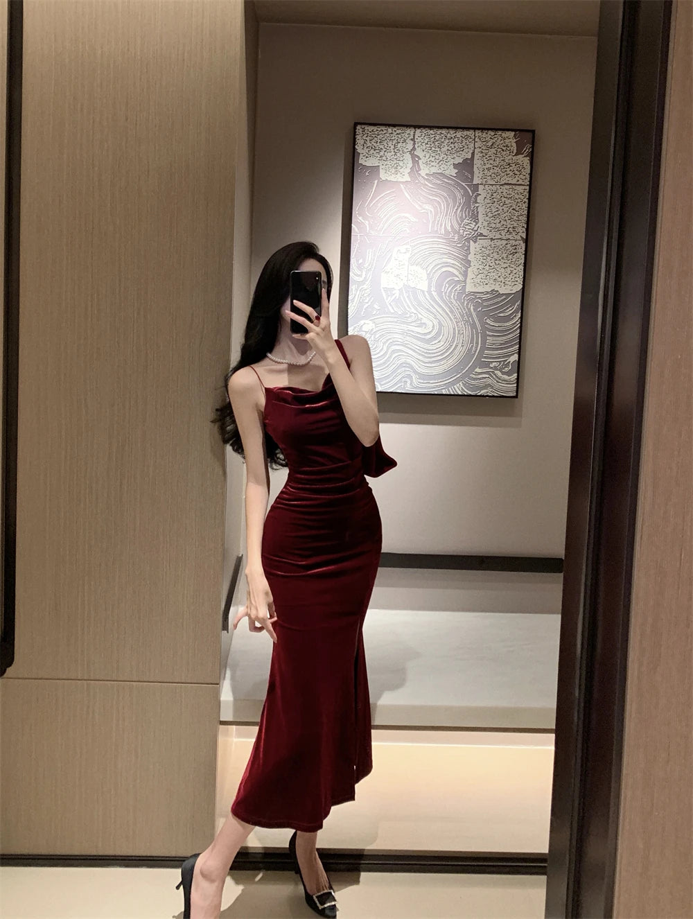 Vintage Red Dress Spaghetti Strap Slit Velvet Party Elegant Dress