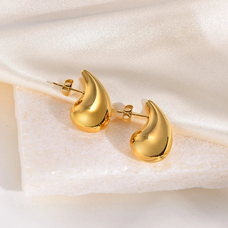 Stainless Steel 14K Gold Plated Water Drop Stud Statement Earring