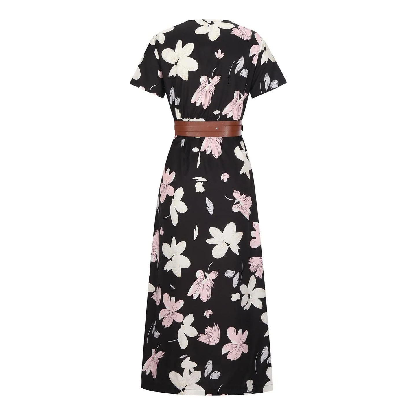 Short Sleeve Fashion Floral Printed Maxi Long Dress With Belt