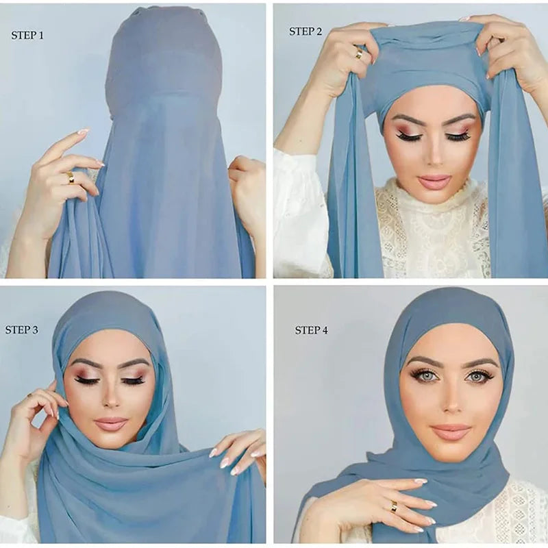 Conjunto de hijab de gasa con gorro interior de punto