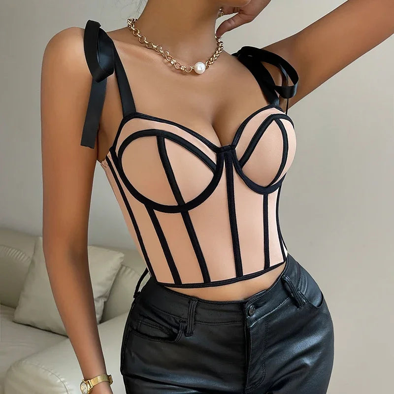 Women Lace Up Straps Crop Tops Patchwork Stripe