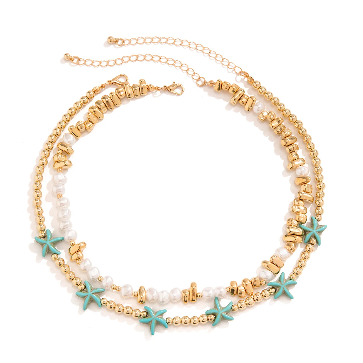 2Pcs/Set Boho Ocean Blue Starfish Star Beads Chain Necklace