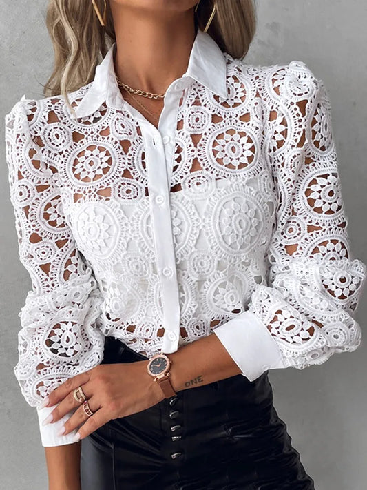 Lace Elegant Office White Long Sleeve Button Shirt