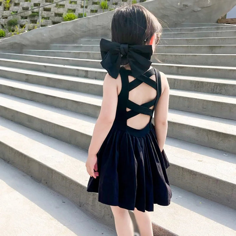 Black Sweet Cool Wind Cross Backless 1-7 Years girls Dress