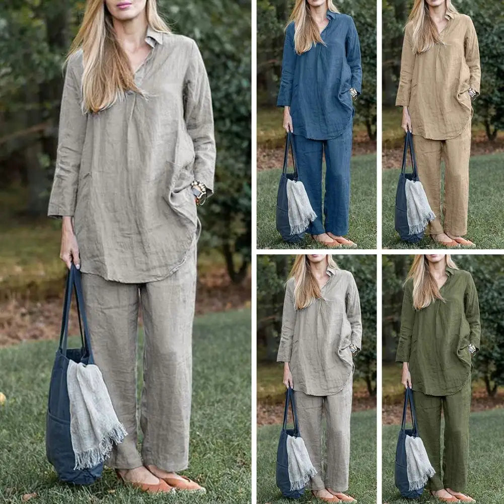 Traje superior de verano para mujer, traje de dos piezas de pierna ancha, traje de otoño para mujer, conjunto informal cómodo de camisa y pantalones, ropa femenina