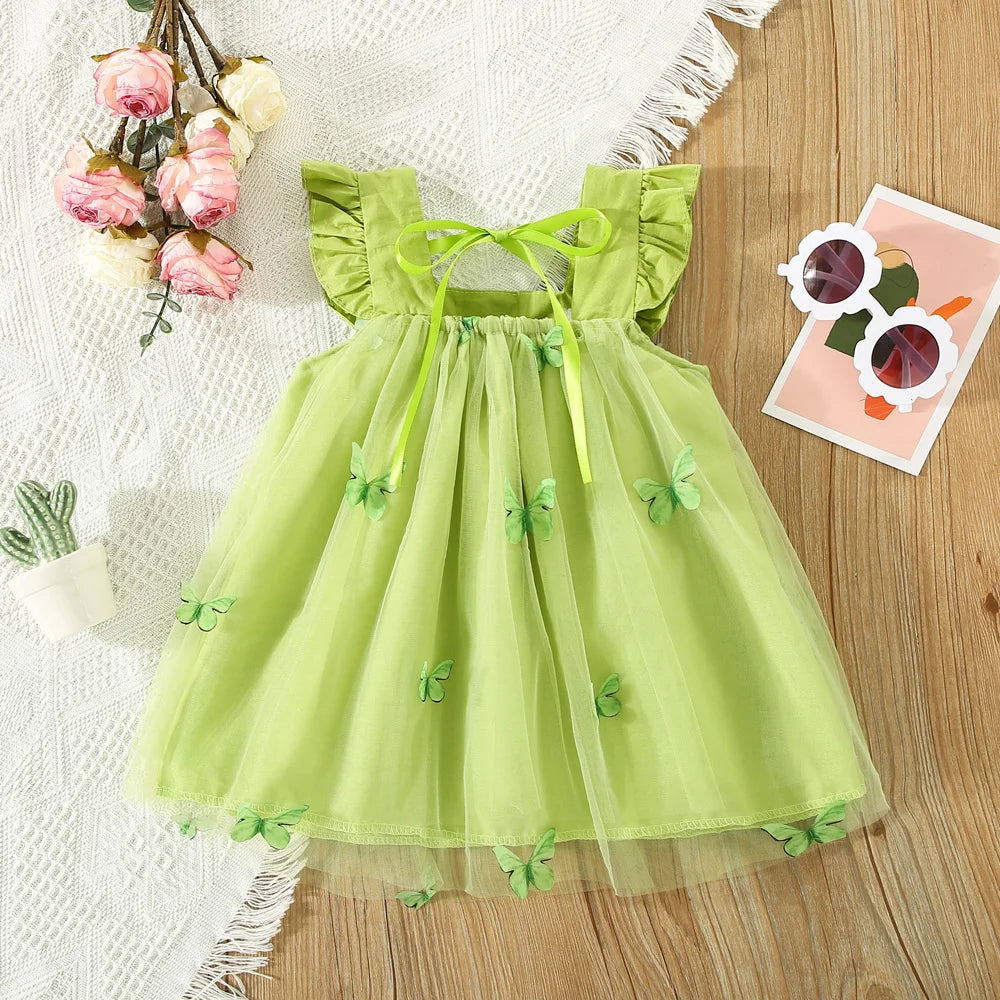 Summer New Baby Girl Dress With Lace Folded And Butterfly Printed Ribbon