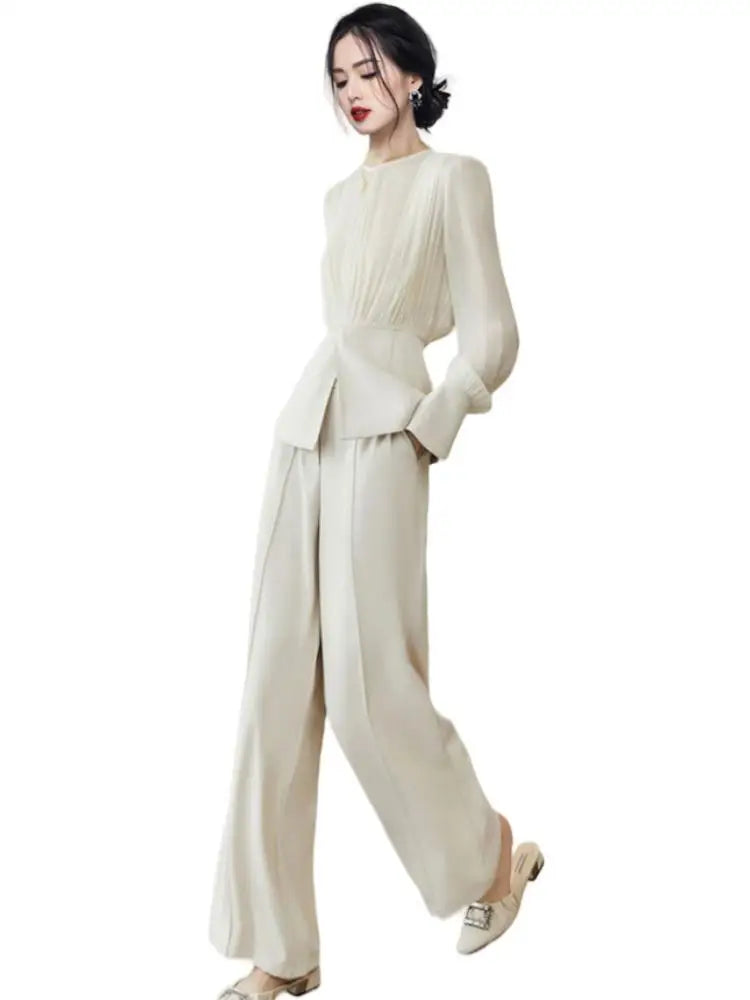 Manal 2-Piece Suit Elegant Long Sleeve Top & Simple Wide Leg Pants