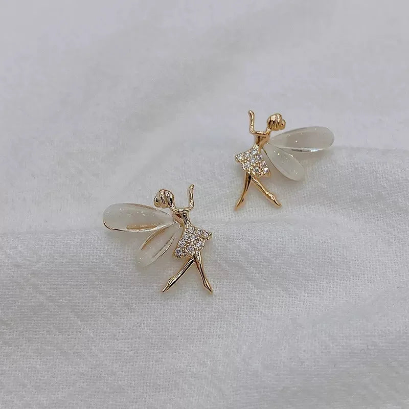 Trendy Girl Dancer Stud Earrings Crystal Acrylic Wings Angle