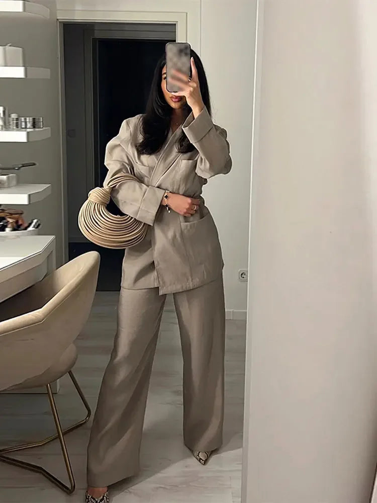 Dareen 2 piezas Casual sólido suelto conjunto con americana pantalones con pernera ancha traje Oficina señora traje