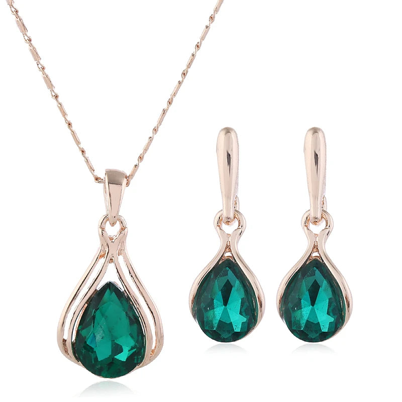 Earrings and Necklace Blue Green Water Drop Set