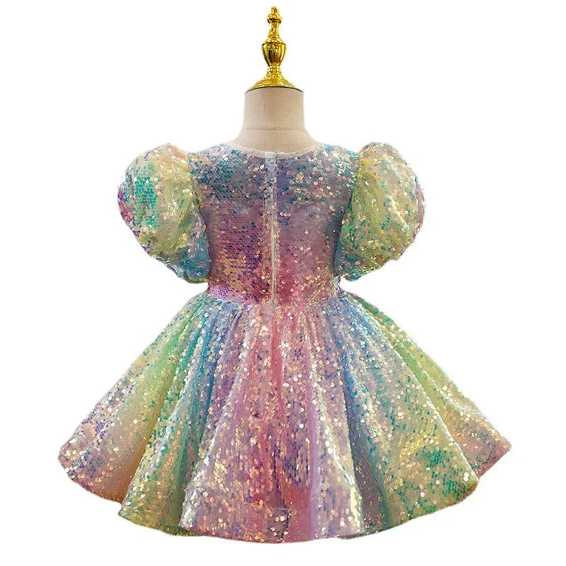 Pastel Sparkles Shimmers Puffy Sleeves Sequin Girl Dress