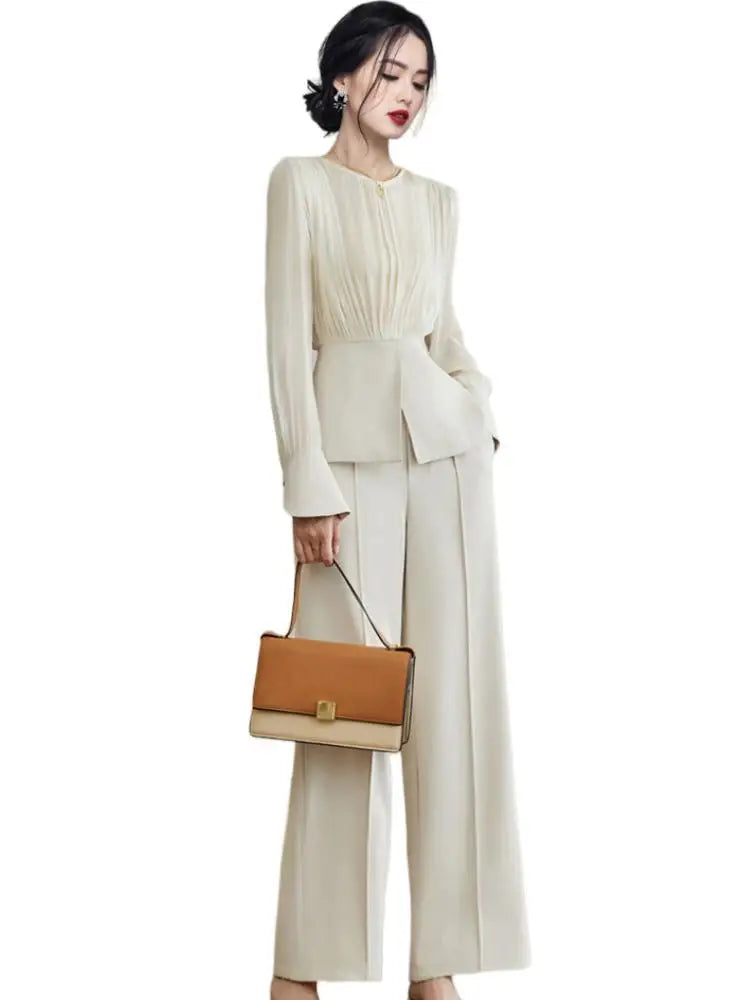 Manal 2-Piece Suit Elegant Long Sleeve Top & Simple Wide Leg Pants