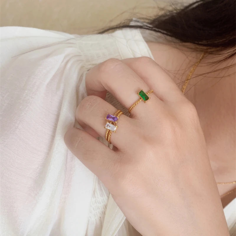 Delicate Colorful Purple Green Yellow Cubic Zirconia Square Rings