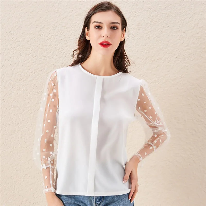 Women Fashion Long Sleeve Mesh Dot Printed Shirt