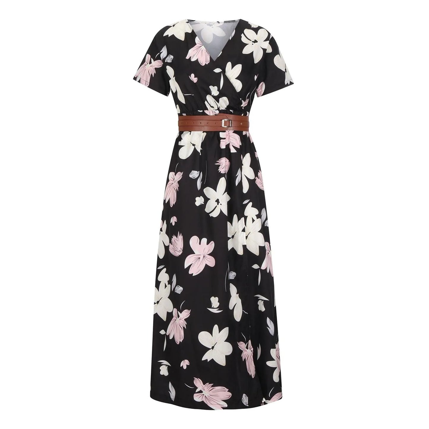 Short Sleeve Fashion Floral Printed Maxi Long Dress With Belt