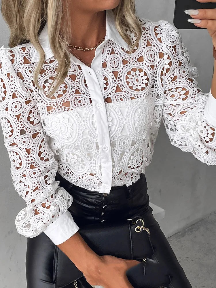 Lace Elegant Office White Long Sleeve Button Shirt