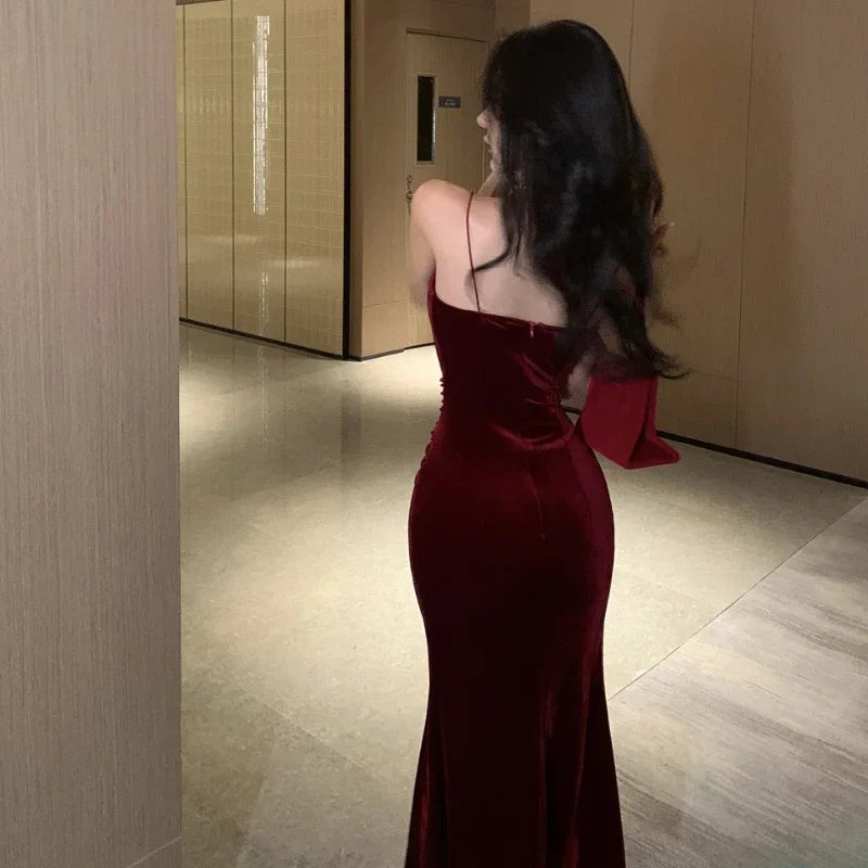 Vintage Red Dress Spaghetti Strap Slit Velvet Party Elegant Dress