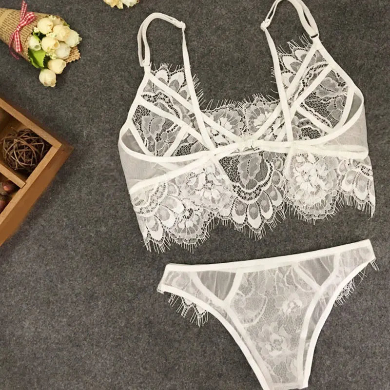 Sexy Lace Bra Set 2 Pieces Transparent Lace Floral Underwear Set