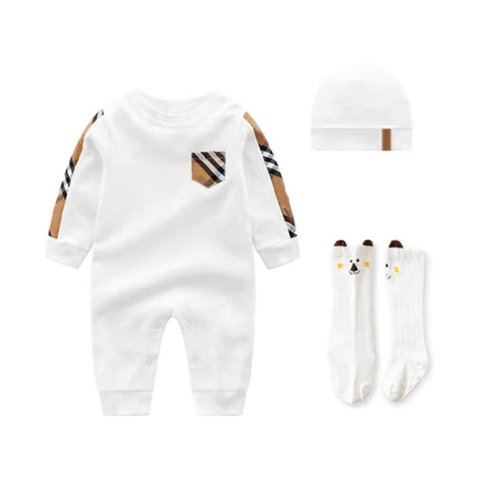 Neugeborenen Baumwolle Baby Overalls Overalls 3 teile/satz Romper + Lätzchen